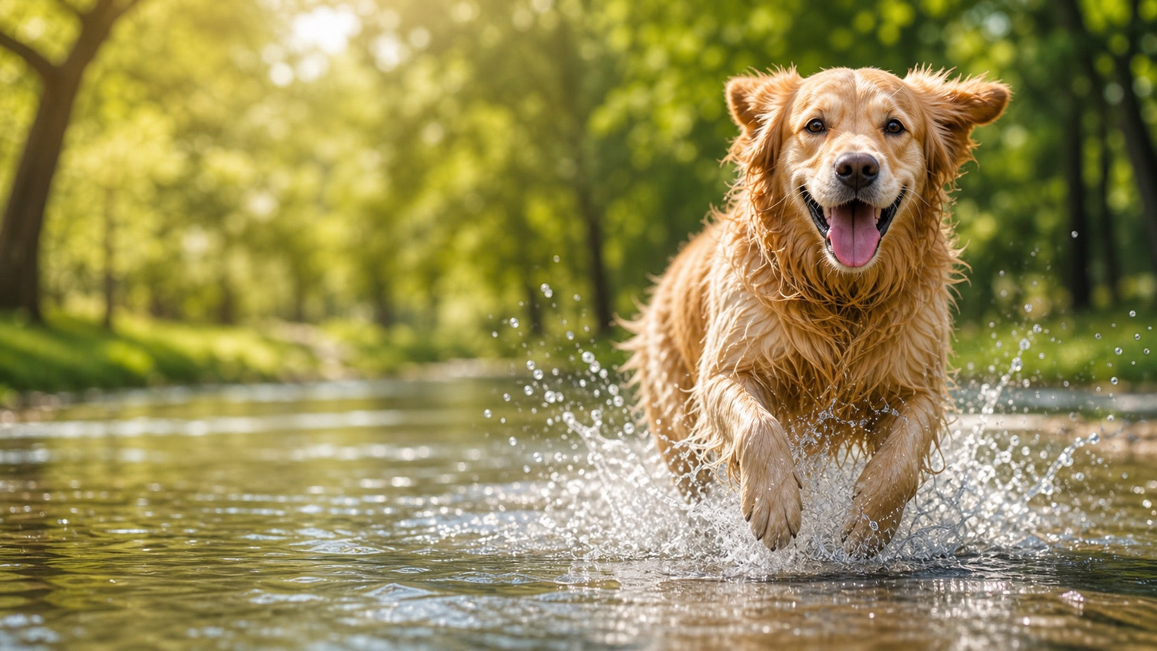 Happy dog splashing through clean water